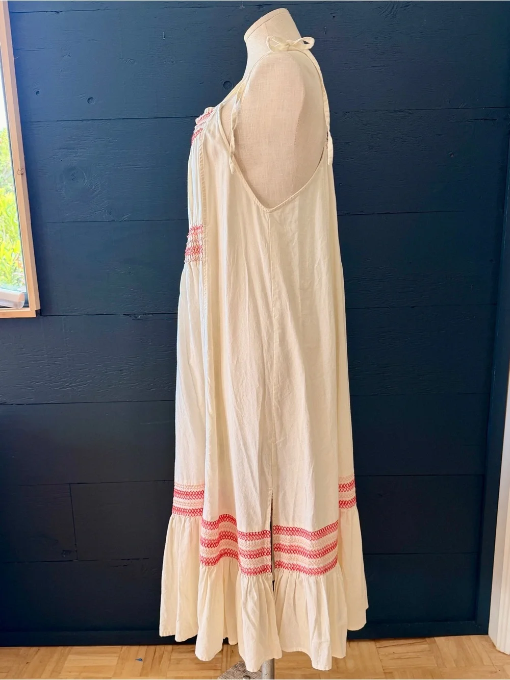 Free People Cream Smocked Tie-Strap Midi Dress with Pink Embroidery Size M